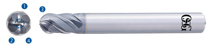 4-flute high-efficiency carbide ball end mill for high-hardness steel features
